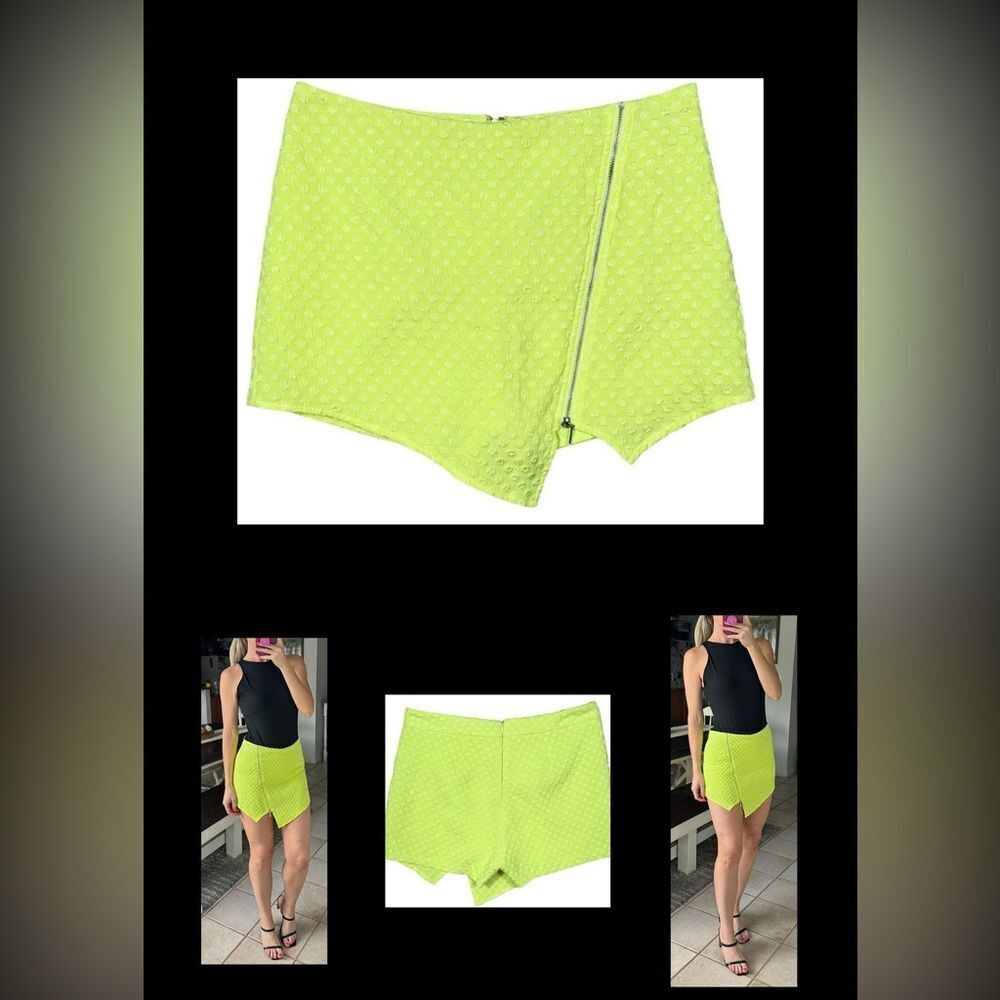 Kensie Neon Yellow Asymmetrical Hem Dotted Print Mini Skort